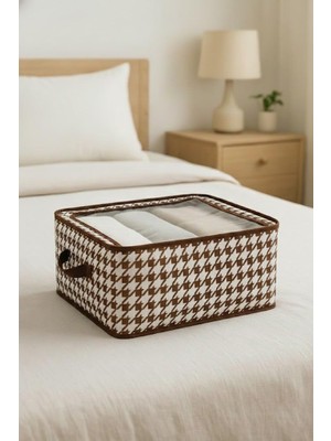 Çok Amaçlı Düzenleyici Kutu Dik Duruş Sağlayan Telli Iç Yapı ve Şeffaf Pencereli Kıyafet, Çamaşır Saklama Organizeri Katlanabilir Kumaş Kutu (45X30X20 cm Gri ve Kahve Renk) (Kahve)