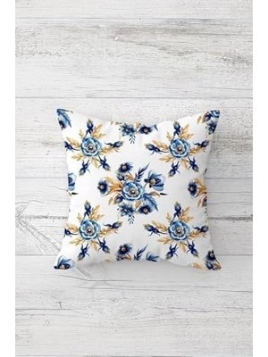 Karok Ticaret Pelangi Mavi Çiçek Desenli Çift Tarafı Baskılı Gizli Fermuarlı Yastık Kılıfı Kırlent Koltuk Yastık Kılıfı, Beyaz-Lacivert-Mavi 45 x 45