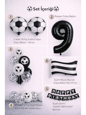 Prime Siyah Beyaz 9 Yaş Futbol Temalı Doğum Günü Balon Seti