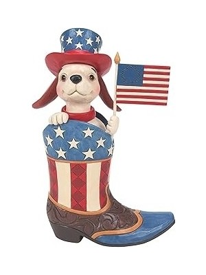 Belirtilmemiş Enesco Jim Shore Heartwood Creek Patriotic Dog Holding Flag In A Cowby Boot Figurine, 22 Cm, Çok Re