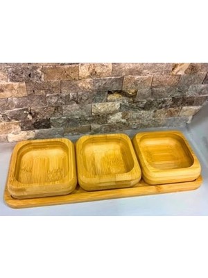 Prime Bambu 3'lü Ahşap Sunum Seti Kahvaltılık Çerezlik Reçellik Tepsili Şık ve Pratik Servis Ürünü (Kare)