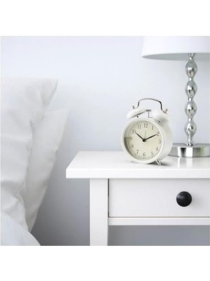 Dekad Analog Nostalji-Alarmlı Saat Çanlar Çalar Saat ile Metal Kasa ve Ön Cam – G x D x Y 10 x 6 x 14 cm – Beyaz