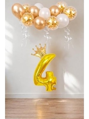 Prime 4 Rakam Folyo Balon, Kral Tacı ve Konfetili Balon