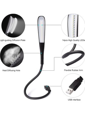 3 Mod Seviyeli Dokunmatik USB LED Masa Lambası, 14 LED Beyaz Işık, Ayarlanabilir Parlaklık, Kitap Okuma Lambası, Çalışma Masası Ofis Lambası, Pc, Laptop Uyumlu, Gece Lambası