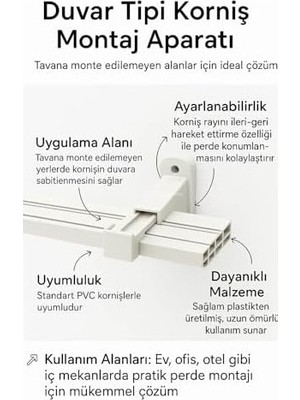 Prime Perde Rayı Korniş L Ayak Montaj Aparatı, Duvara Uyumlu, Ayarlanabilir, 2 ve 3 Raylı Kornişler Için, Sert Plastik Malzeme, Pratik Montaj (6 Adet)