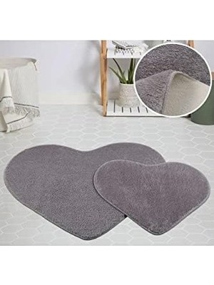 Prime My Evilla Modern Dekoratif Halı Jel Kaymaz Taban Peluş Kalp Model Gri Paspas Takımı 70X100-70X60
