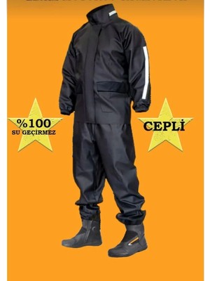 Velmora Fashion Erkek Motorcu Cepli Kurye Su Gecirmez Yağmurluk Takım - Siyah
