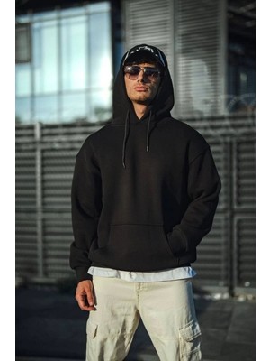 Velmora Fashion Erkek 3 Iplik Pamuklu Kapüşonlu Basic Sweatshirt Hoodie - Siyah