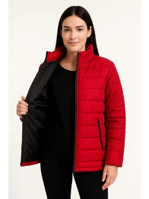 Velmora Fashion Kadın Bomber Mont Su Itici Kapitone Astarlı Fermuarlı Cepli Ceket - Kırmızı