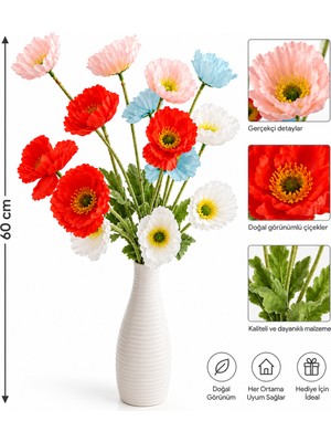 B&Nine Yapay Gelincik Dalı 60 cm 4lü Set Beyaz-Gök Mavi-Alev Turuncusu-Somon