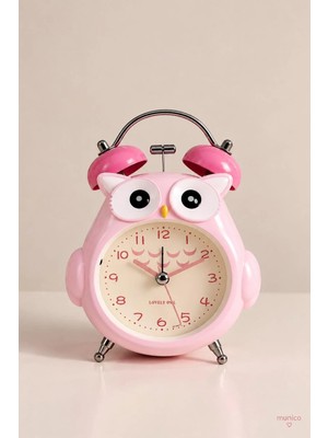 Munico Pembe Baykuş Figürlü Analog Masa Saati Çift Zilli Çalar Saat Çocuk Odası Dekorasyon Aksesuarı