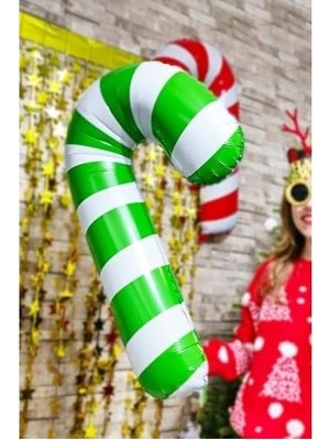 Prime P.e.k. Büyük Yeşil Beyaz Baston Şeker Folyo Balon Yılbaşı Süslemesi Büyük Baston Şeker Balon 90CM