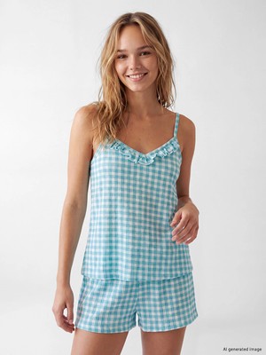 Lc Waikiki Yeni Sezon Mavi V Yaka Ekose Kadın Şortlu Pijama Takımı