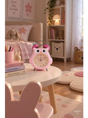 Munico Sevimli Baykuş Figürlü Pembe Masa Saati Çift Zilli Analog Çalar Saat Çocuk ve Genç Odası Için