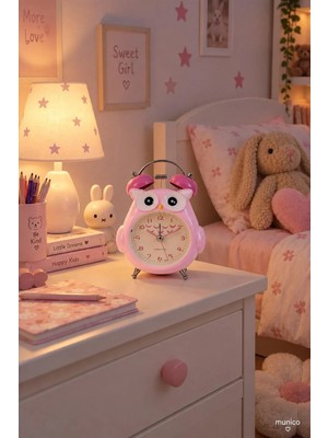 Munico Çocuk Odası Pembe Baykuş Çalar Saat Çift Zilli Büyük Rakamlı Analog Başucu ve Masa Saati