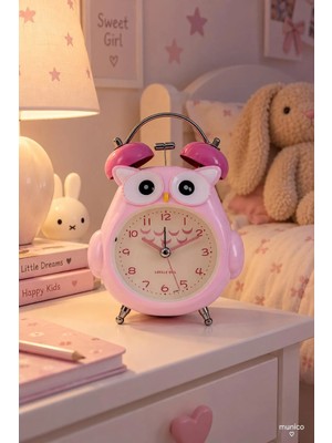 Munico Dekoratif Baykuş Masa Saati Pembe Çift Zilli Analog Çalar Saat Çocuk Odası Başucu Saati