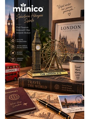Munico Big Ben Saat Kulesi ve London Eye Dekoratif Biblo Saat Vintage Londra Temalı Masa Üstü Aksesuar