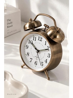 Munico Vintage Bronz Çift Zilli Masa Saati Klasik Analog Kadranlı Retro Dekoratif Çalar Saat