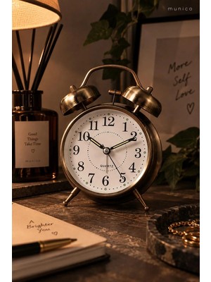 Munico Nostaljik Çift Zilli Analog Çalar Saat Eskitme Bronz Görünümlü Dekoratif Masa Saati