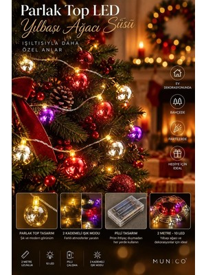 Munico 2 Metre Renkli Parlak Top LED Işık Zinciri 10 LED Pilli Yılbaşı Ağacı Ev Oda