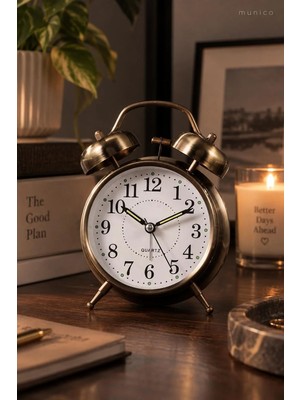 Munico Bronz Renk Vintage Çalar Saat Çift Zilli Analog Kadranlı Dekoratif Başucu Masa Saati