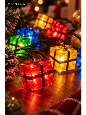 Munico 20 LED Pilli Yılbaşı Işığı 4 Metre Hediye Paketi Figürlü Renkli Çam Ağacı Süsleme Dekorasyon Işığı