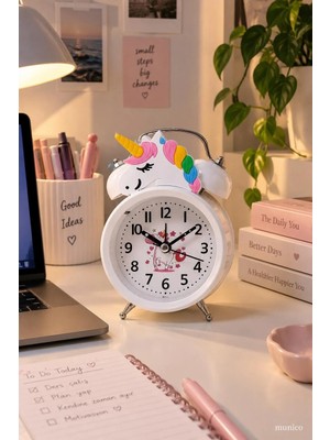 Munico Beyaz Unicorn Masa Saati Çift Zilli Büyük Rakamlı Analog Çalar Saat Çocuk ve Genç Odası Için