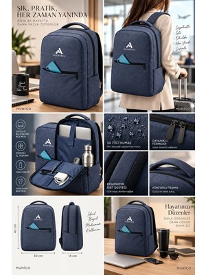 Munico Iş ve Okul Sırt Çantası 15.6 Inç Laptop Bölmeli Hafif Geniş Hacimli Su Itici Kumaş Çanta