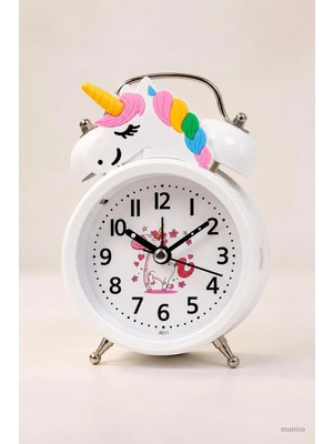 Munico Gökkuşağı Saçlı Unicorn Çalar Saat Beyaz Çift Zilli Dekoratif Çocuk Odası Masa Saati