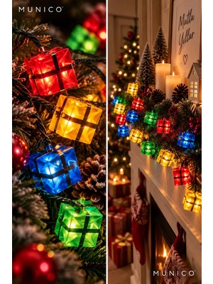 Munico Renkli Yılbaşı Ağacı Işığı 20 LED 4 Metre Pilli Hediye Kutusu Tasarımlı Dekoratif Çam Ağacı Süsü