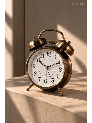 Munico Klasik Retro Masa Saati Çift Zilli Bronz Tasarım Büyük Rakamlı Analog Komodin Saati