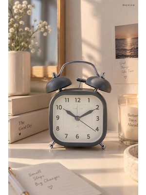 Munico Dekoratif Vintage Çalar Saat Çift Zilli Klasik Analog Masa Saati Ev ve Ofis Için