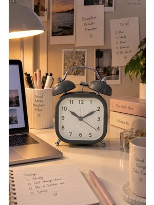 Munico Vintage Çift Zilli Analog Çalar Saat Retro Tasarım Masa ve Komodin Saati Siyah