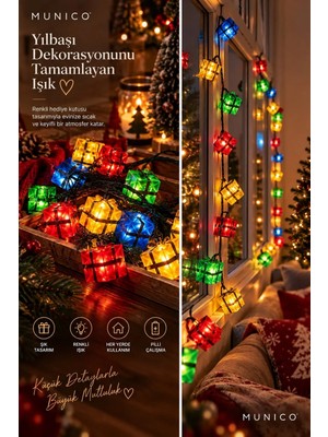 Munico 20 LED Hediye Paketi Işık Zinciri 4 Metre Pilli 2 Modlu Renkli Yılbaşı Çam Ağacı Dekorasyon Süsü