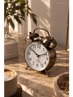 Munico Retro Çift Zilli Çalar Saat Bronz Renk Vintage Tasarım Analog Masa ve Komodin Saati