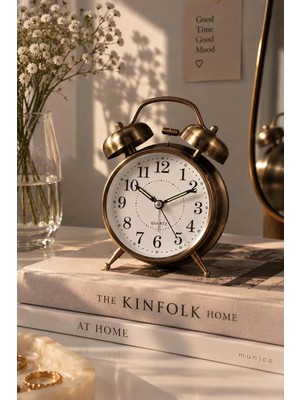Munico Dekoratif Vintage Masa Saati Bronz Çift Zilli Klasik Tasarım Analog Başucu Çalar Saat