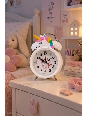Munico Sevimli Unicorn Tasarımlı Analog Çalar Saat Beyaz Çift Zilli Çocuk Odası Dekoratif Masa Saati
