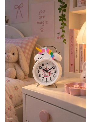 Munico Unicorn Figürlü Beyaz Masa Saati Renkli Detaylı Çift Zilli Analog Çocuk Çalar Saati