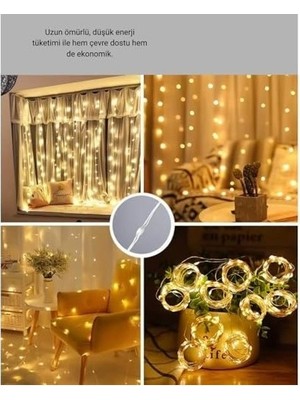 3x3 Metre Perde LED Işık, 300 Ledli 10 Sarkıtlı Dekoratif Peri Led, Uzaktan Kumandalı ve 8 Fonksiyonlu, USB Girişli Günışığı (Sarı) Duvar ve Perde Aydınlatması