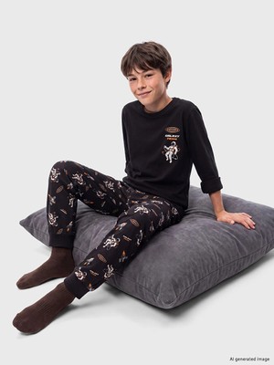 Lc Waikiki Yeni Sezon Siyah Bisiklet Yaka Baskılı Erkek Çocuk Pijama Takım