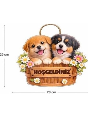 Prime 28-25 cm Hoş Geldin Köpek Çiçek Dekorlu Ahşap Kapı Süsü, Kapı Bahçe Önü Süsü