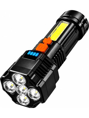 5 LED + Cob Süper Parlak Şarjlı El Feneri 14 cm | 4 Modlu, Güçlü Işık, USB Şarjlı, Kamp, Av, Balıkçılık, Karavan, Acil Durum, Tamir, Araç, Yürüyüş ve Outdoor Kullanımına Uygun