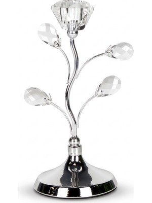 Herdekora Dekoratif Metal Şamdan Çiçek Tasarımlı Kristal Taşlı Gümüş 11X24 Cm.