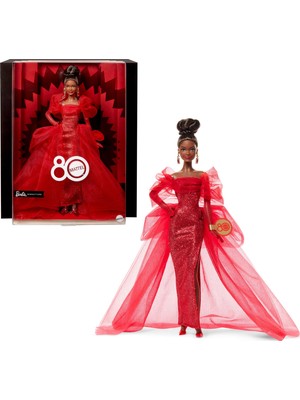 Mattel'in Özel 80. Doğum Günü Barbie Doll Simli Kırmızı Tül Elbise, Şeffaf Küpeli ve Eldivenli Ikonik Koleksiyon Bebek, Kahverengi, JBJ18
