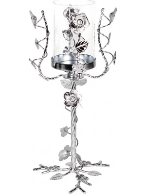 Herdekora Dekoratif Metal Şamdan Çiçek Desenli Cam Fanuslu Mumluk Gümüş 15X37 C
