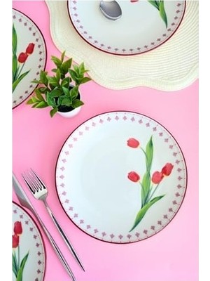 Prime Tabakevi Tabak Evi Porselen Lale Tuval Pasta Takımı Rimli 20 cm 4 Kişilik 4 Parça TVL4PTPRS1160
