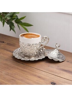Prime Hilal Motifli Türk Kahvesi Fincanı ve Tabağı – Gövde, Porselen Iç Kupa – Geleneksel Gelincik Model (Tekli) (Gümüş Rengi)