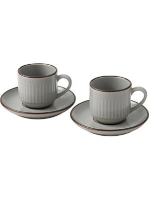 Prime 2'li Set Çizgili Seramik Fincan Takımı | Mat Kahverengi Beyaz Rustik Espresso & Türk Kahvesi Fincanı | Çift Kişilik Kulplu Servis Seti | Modern Ev ve Kafe Stili