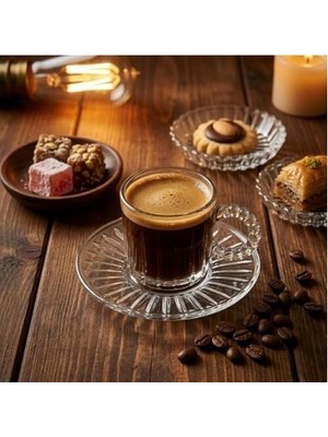 Prime 6’lı Cam Kahve Fincanı Seti – Boncuk Kulplu Şeffaf Espresso & Türk Kahvesi Fincan Takımı (Tabaklı)