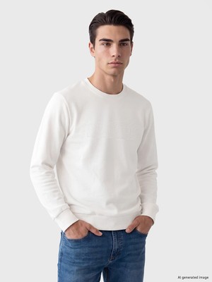 Lc Waikiki Yeni Sezon Beyaz Bisiklet Yaka Baskılı Erkek Kalın Sweatshirt